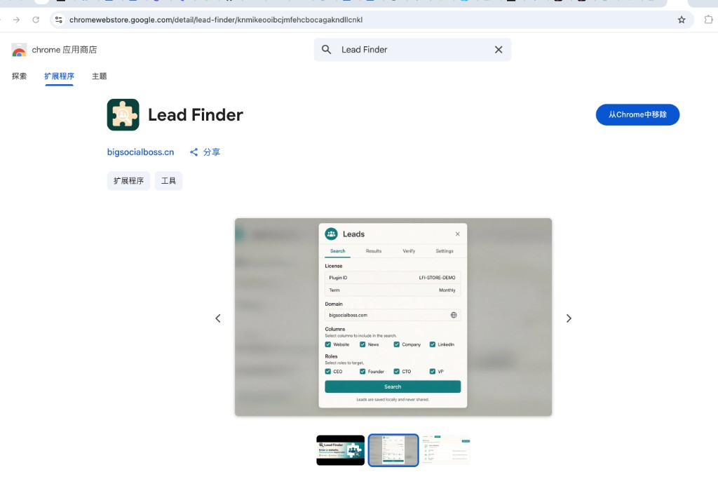 Chrome 网上应用店 LeadFinder 插件页:搜索框与角色筛选