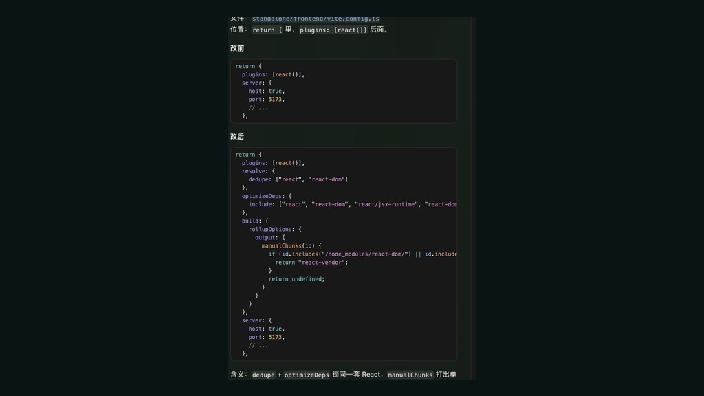 vite.config.ts 改前与改后：统一 React 实例