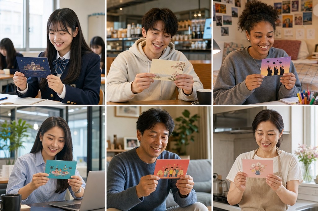 People holding blessing postcards at school, cafe, home, and work