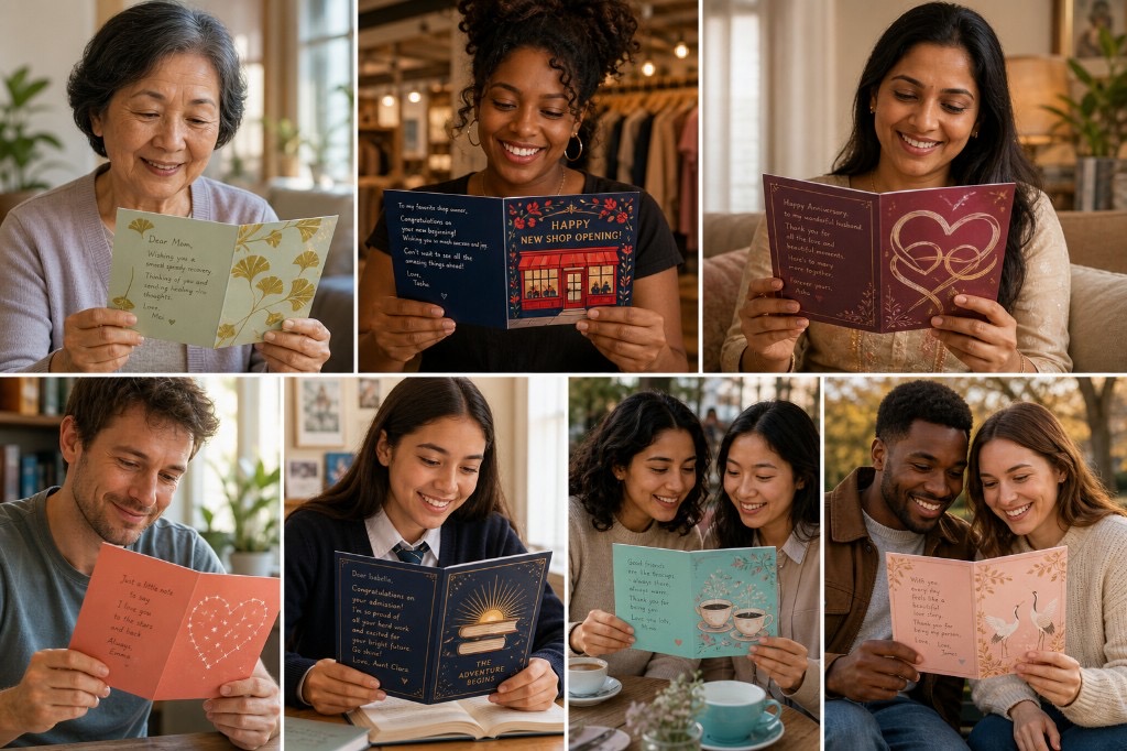 People reading handwritten blessing cards — love, admission, friendship