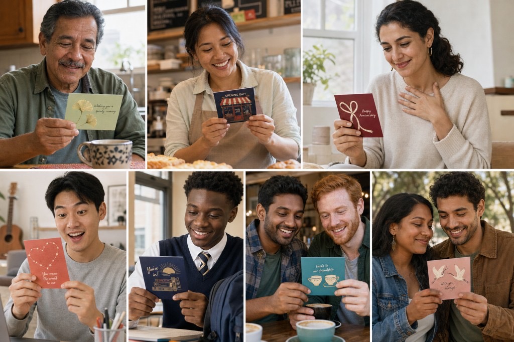 People opening blessing postcards — get well, shop opening, anniversary