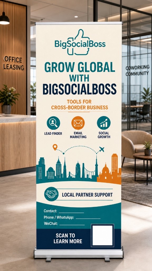 联合办公大堂里的 BigSocialBoss 展架