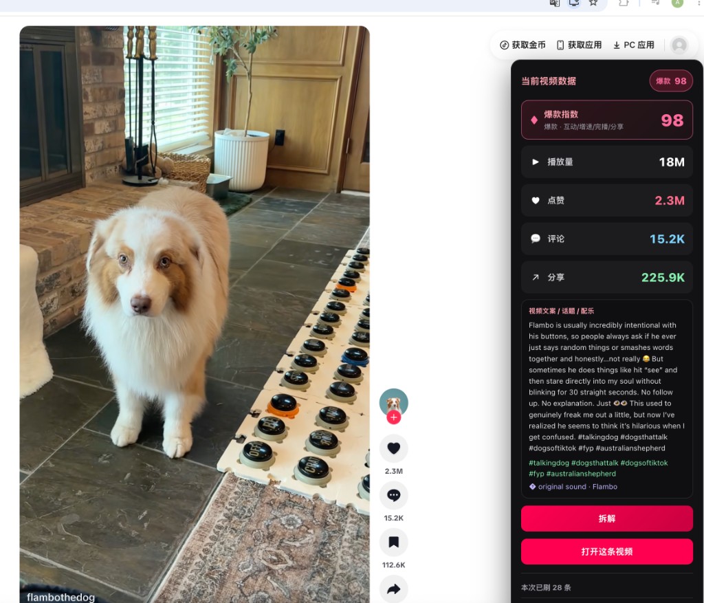 TikTok 爆款分 panel showing viral index 98 with views, likes, comments, and shares